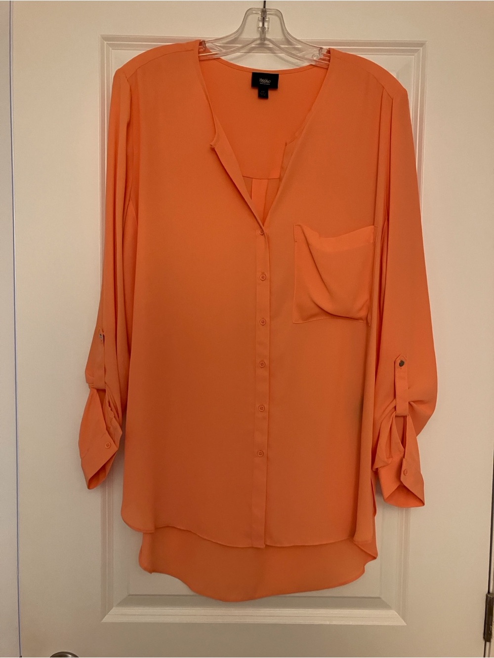 Coral Button-Front Roll-Tab Blouse, 3/4 length sleeve, size large.